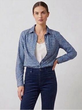 LOFT Ann Taylor Light Denim Diamond Shirt Preppy Casual Western Sz S